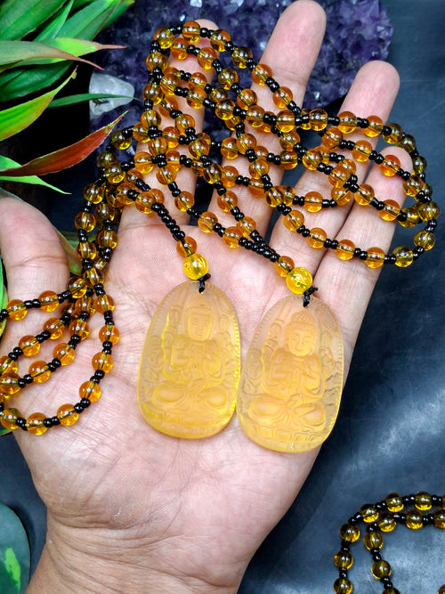Manjushri Bodhisattva of Wisdom Citrine Pendant with Yellow and Black Beads Mala: A Symbol of Clarity, Knowledge, and Abundance | Gemstone Mala | Birthday Gift