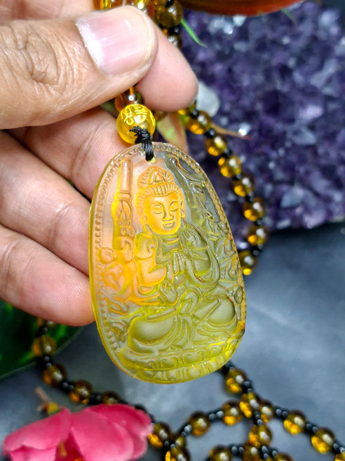 Manjushri Bodhisattva of Wisdom Citrine Pendant with Yellow and Black Beads Mala: A Symbol of Clarity, Knowledge, and Abundance | Gemstone Mala | Birthday Gift