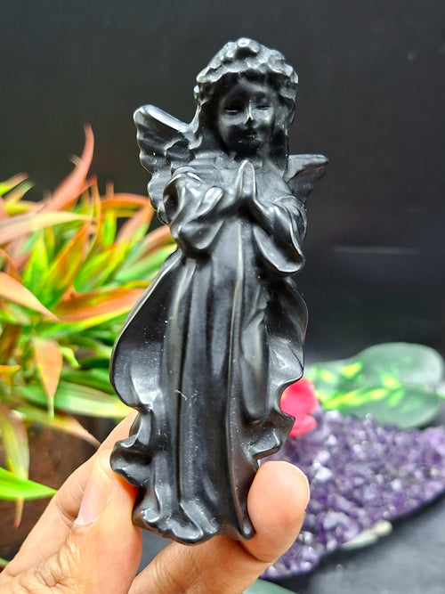 Black Obsidian Winged Angel Carving – Symbol of Protection, Healing & Divine Guidance | Weight 98 gm