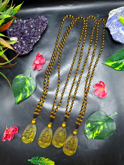 Kwan Yin Bodhisattva Citrine Pendant Mala with Yellow & Black Beads – 39g, 15 Inch Spiritual Necklace for Prosperity, Balance & Daily Wear