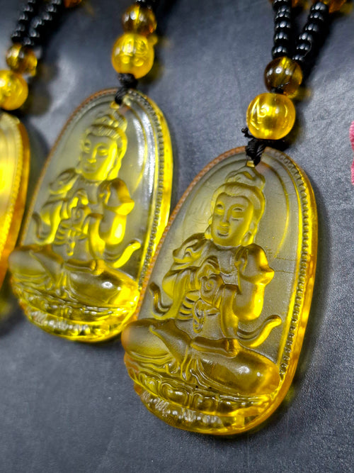 Kwan Yin Bodhisattva Citrine Pendant Mala with Yellow & Black Beads – 39g, 15 Inch Spiritual Necklace for Prosperity, Balance & Daily Wear