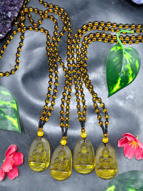 Kwan Yin Bodhisattva Citrine Pendant Mala with Yellow & Black Beads – 39g, 15 Inch Spiritual Necklace for Prosperity, Balance & Daily Wear
