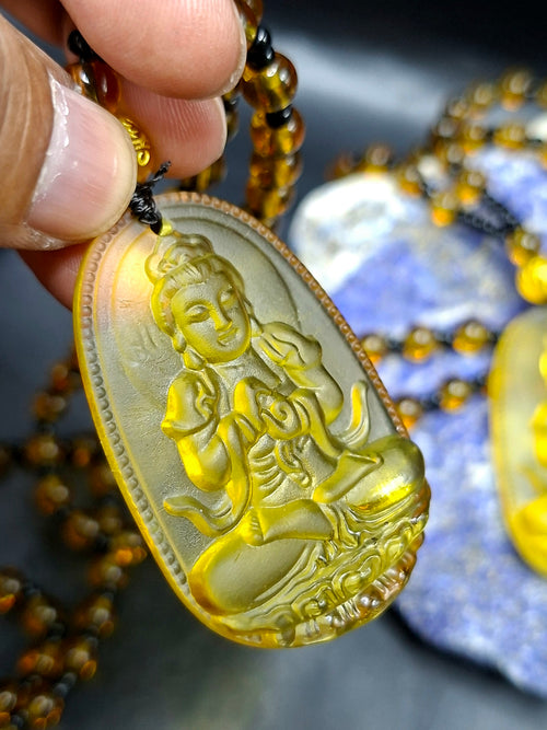 Kwan Yin Bodhisattva Citrine Pendant Mala with Yellow & Black Beads – 39g, 15 Inch Spiritual Necklace for Prosperity, Balance & Daily Wear