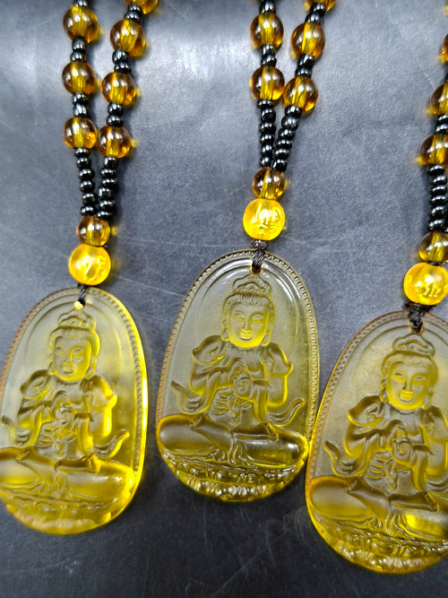 Kwan Yin Bodhisattva Citrine Pendant Mala with Yellow & Black Beads – 39g, 15 Inch Spiritual Necklace for Prosperity, Balance & Daily Wear