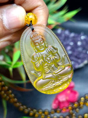 Kwan Yin Bodhisattva Citrine Pendant Mala with Yellow & Black Beads – 39g, 15 Inch Spiritual Necklace for Prosperity, Balance & Daily Wear