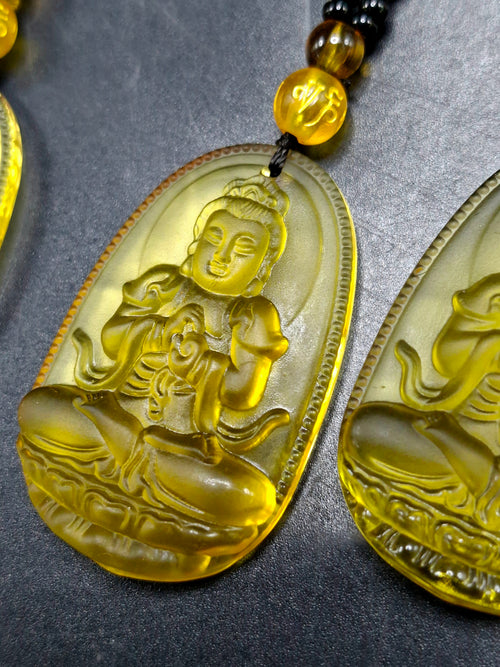 Kwan Yin Bodhisattva Citrine Pendant Mala with Yellow & Black Beads – 39g, 15 Inch Spiritual Necklace for Prosperity, Balance & Daily Wear