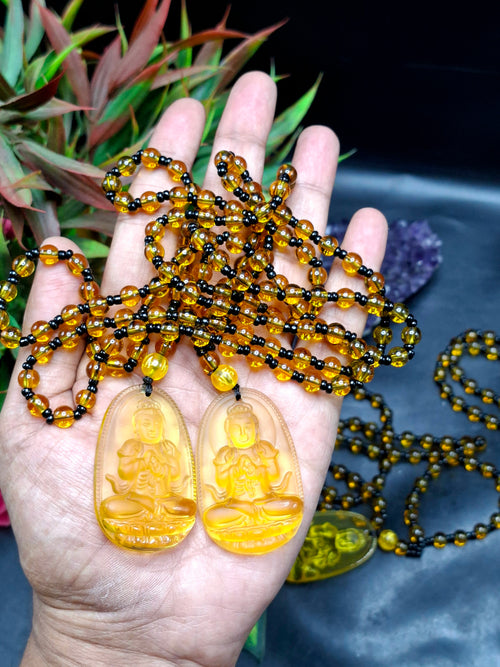 Kwan Yin Bodhisattva Citrine Pendant Mala with Yellow & Black Beads – 39g, 15 Inch Spiritual Necklace for Prosperity, Balance & Daily Wear