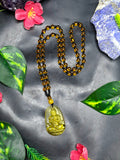 Kwan Yin Bodhisattva Citrine Pendant Mala with Yellow & Black Beads – 39g, 15 Inch Spiritual Necklace for Prosperity, Balance & Daily Wear