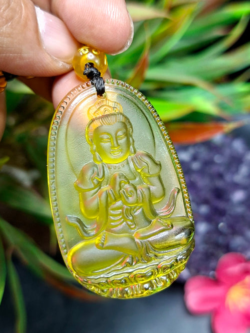 Kwan Yin Bodhisattva Citrine Pendant Mala with Yellow & Black Beads – 39g, 15 Inch Spiritual Necklace for Prosperity, Balance & Daily Wear