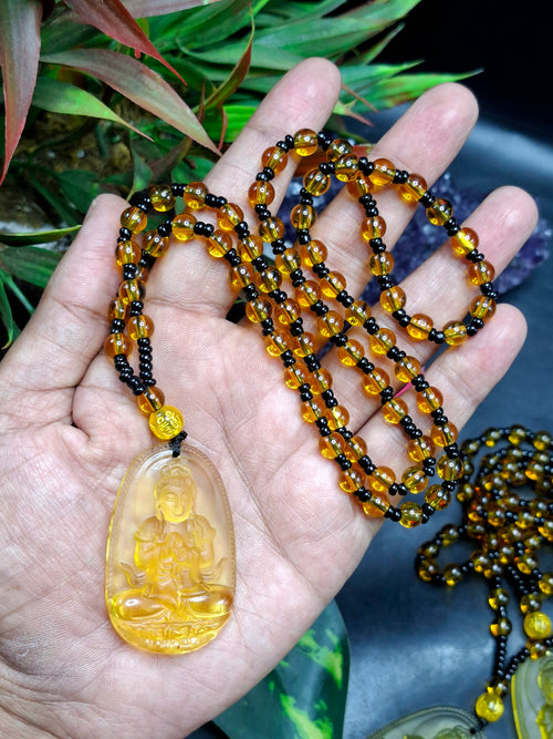 Kwan Yin Bodhisattva Citrine Pendant Mala with Yellow & Black Beads – 39g, 15 Inch Spiritual Necklace for Prosperity, Balance & Daily Wear