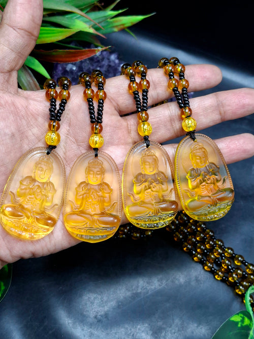 Kwan Yin Bodhisattva Citrine Pendant Mala with Yellow & Black Beads – 39g, 15 Inch Spiritual Necklace for Prosperity, Balance & Daily Wear