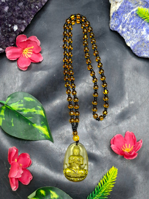 Kwan Yin Bodhisattva Citrine Pendant Mala with Yellow & Black Beads – 39g, 15 Inch Spiritual Necklace for Prosperity, Balance & Daily Wear