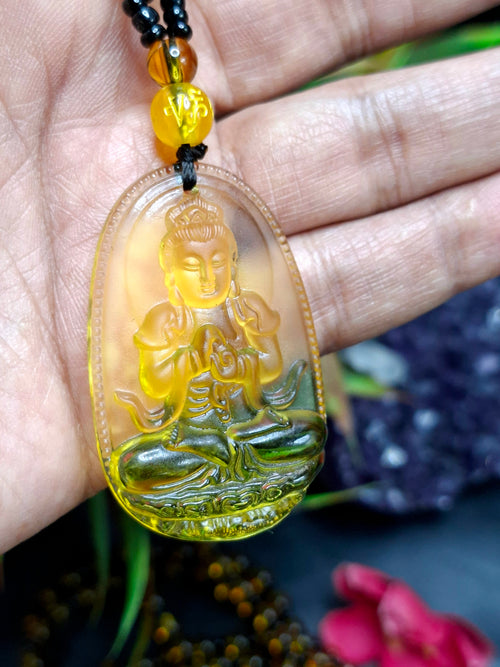 Kwan Yin Bodhisattva Citrine Pendant Mala with Yellow & Black Beads – 39g, 15 Inch Spiritual Necklace for Prosperity, Balance & Daily Wear
