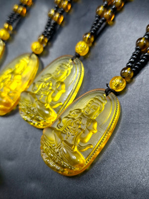 Kwan Yin Bodhisattva Citrine Pendant Mala with Yellow & Black Beads – 39g, 15 Inch Spiritual Necklace for Prosperity, Balance & Daily Wear