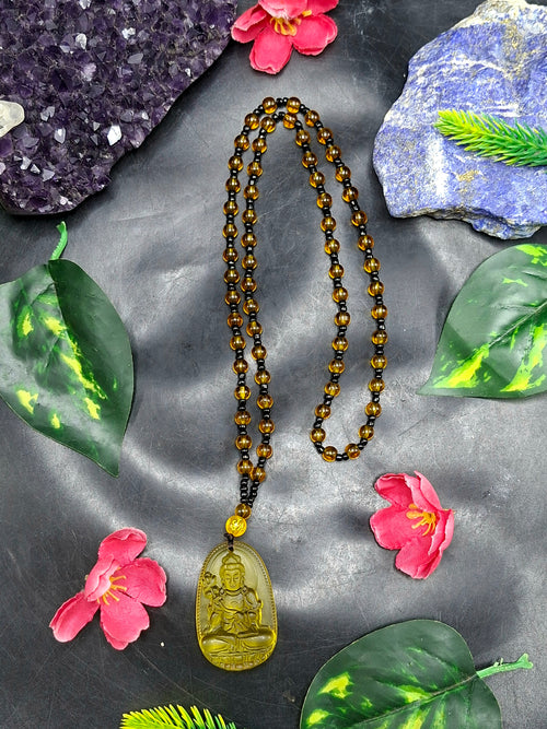 Kwan Yin Bodhisattva Pendant in Treated Citrine with Yellow & Black Beads Mala – 42g, 15-Inch Spiritual Wealth & Success Necklace | ONE PIECE ONLY