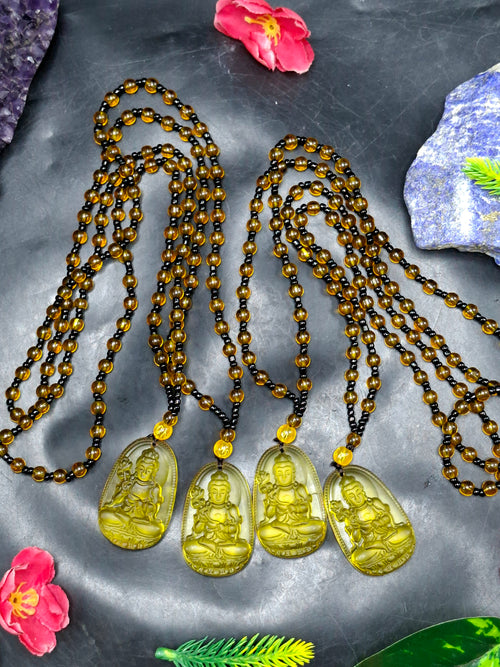 Kwan Yin Bodhisattva Pendant in Treated Citrine with Yellow & Black Beads Mala – 42g, 15-Inch Spiritual Wealth & Success Necklace | ONE PIECE ONLY