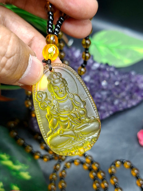 Kwan Yin Bodhisattva Pendant in Treated Citrine with Yellow & Black Beads Mala – 42g, 15-Inch Spiritual Wealth & Success Necklace | ONE PIECE ONLY