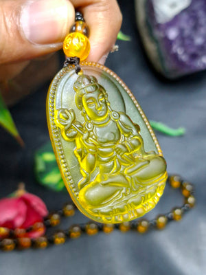 Kwan Yin Bodhisattva Pendant in Treated Citrine with Yellow & Black Beads Mala – 42g, 15-Inch Spiritual Wealth & Success Necklace | ONE PIECE ONLY