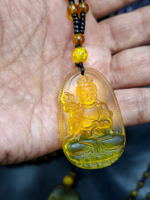 Kwan Yin Bodhisattva Pendant in Treated Citrine with Yellow & Black Beads Mala – 42g, 15-Inch Spiritual Wealth & Success Necklace | ONE PIECE ONLY