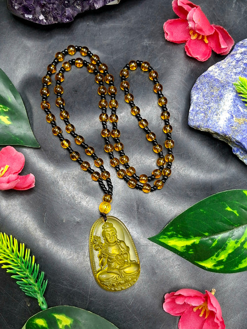 Kwan Yin Bodhisattva Pendant in Treated Citrine with Yellow & Black Beads Mala – 42g, 15-Inch Spiritual Wealth & Success Necklace | ONE PIECE ONLY