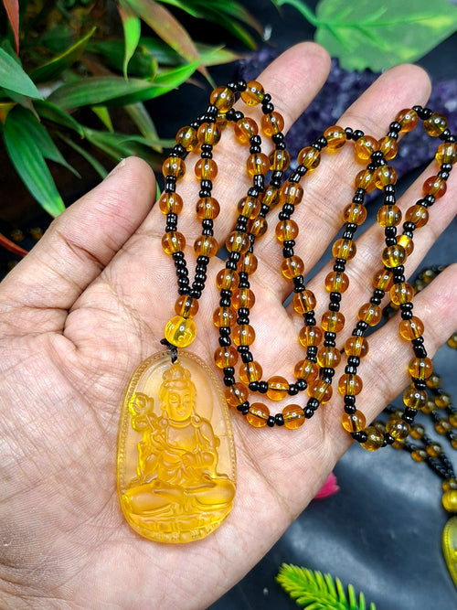 Kwan Yin Bodhisattva Pendant in Treated Citrine with Yellow & Black Beads Mala – 42g, 15-Inch Spiritual Wealth & Success Necklace | ONE PIECE ONLY
