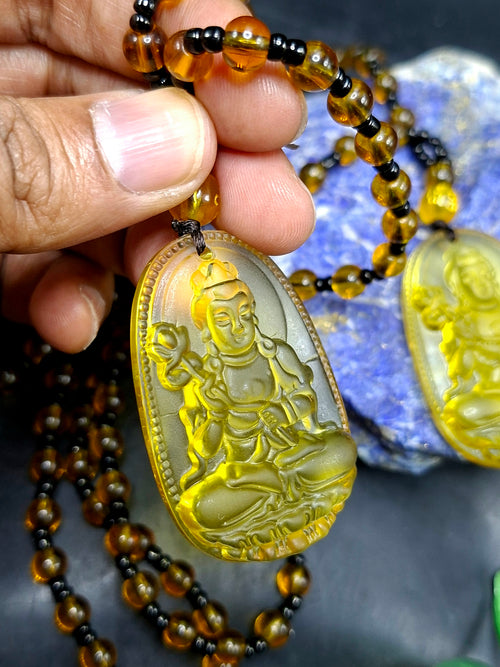 Kwan Yin Bodhisattva Pendant in Treated Citrine with Yellow & Black Beads Mala – 42g, 15-Inch Spiritual Wealth & Success Necklace | ONE PIECE ONLY