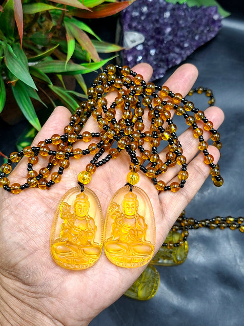 Kwan Yin Bodhisattva Pendant in Treated Citrine with Yellow & Black Beads Mala – 42g, 15-Inch Spiritual Wealth & Success Necklace | ONE PIECE ONLY