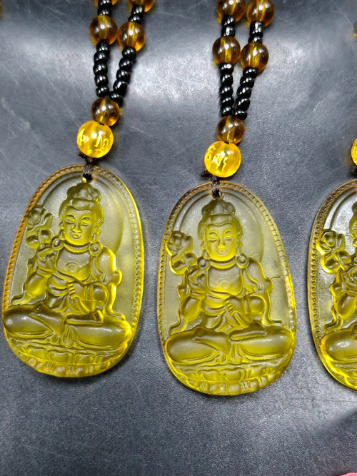 Kwan Yin Bodhisattva Pendant in Treated Citrine with Yellow & Black Beads Mala – 42g, 15-Inch Spiritual Wealth & Success Necklace | ONE PIECE ONLY
