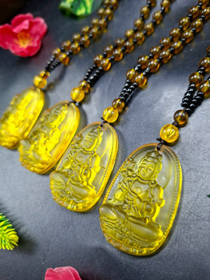 Kwan Yin Bodhisattva Pendant in Treated Citrine with Yellow & Black Beads Mala – 42g, 15-Inch Spiritual Wealth & Success Necklace | ONE PIECE ONLY