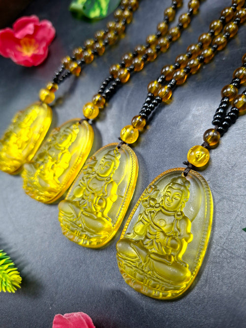 Kwan Yin Bodhisattva Pendant in Treated Citrine with Yellow & Black Beads Mala – 42g, 15-Inch Spiritual Wealth & Success Necklace | ONE PIECE ONLY