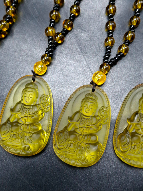 Guan Yin Bodhisattva Pendant in Treated Citrine with Yellow and Black Beads Mala – 44g, 15-Inch Elegant Spiritual Necklace for Meditation, Manifestation, Wealth & Protection | ONE PIECE ONLY