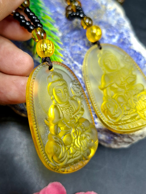 Guan Yin Bodhisattva Pendant in Treated Citrine with Yellow and Black Beads Mala – 44g, 15-Inch Elegant Spiritual Necklace for Meditation, Manifestation, Wealth & Protection | ONE PIECE ONLY