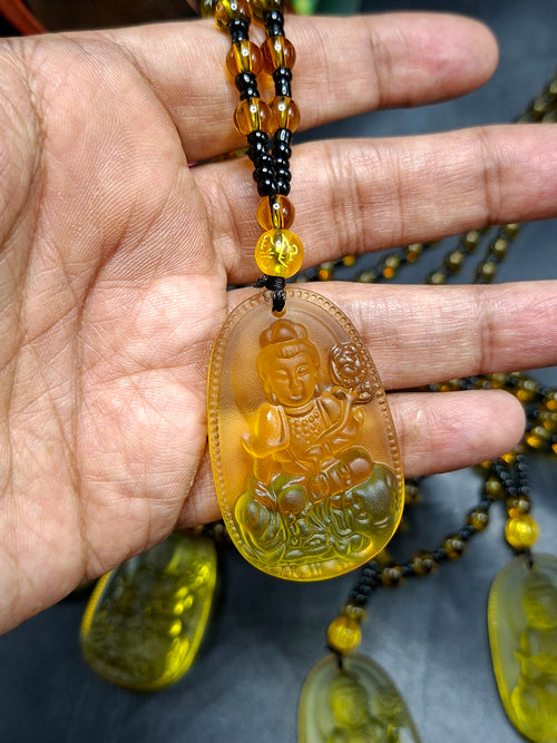 Guan Yin Bodhisattva Pendant in Treated Citrine with Yellow and Black Beads Mala – 44g, 15-Inch Elegant Spiritual Necklace for Meditation, Manifestation, Wealth & Protection | ONE PIECE ONLY