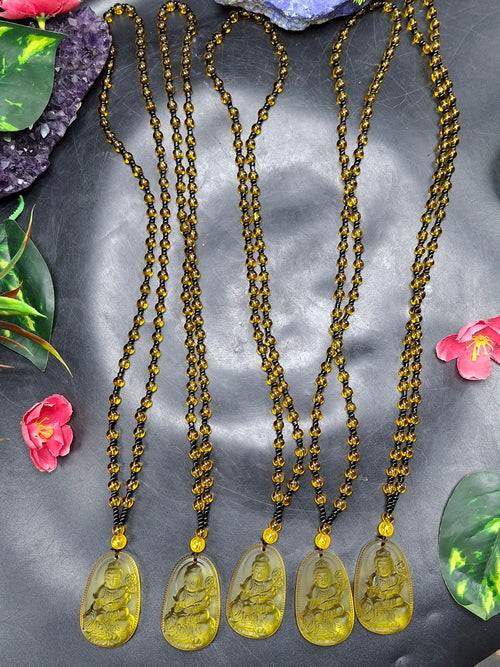 Guan Yin Bodhisattva Pendant in Treated Citrine with Yellow and Black Beads Mala – 44g, 15-Inch Elegant Spiritual Necklace for Meditation, Manifestation, Wealth & Protection | ONE PIECE ONLY