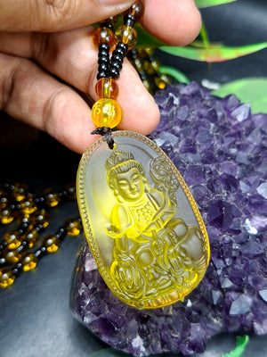 Guan Yin Bodhisattva Pendant in Treated Citrine with Yellow and Black Beads Mala – 44g, 15-Inch Elegant Spiritual Necklace for Meditation, Manifestation, Wealth & Protection | ONE PIECE ONLY