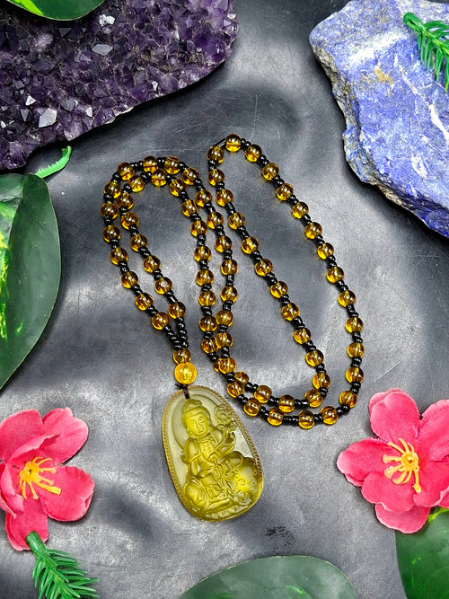 Guan Yin Bodhisattva Pendant in Treated Citrine with Yellow and Black Beads Mala – 44g, 15-Inch Elegant Spiritual Necklace for Meditation, Manifestation, Wealth & Protection | ONE PIECE ONLY