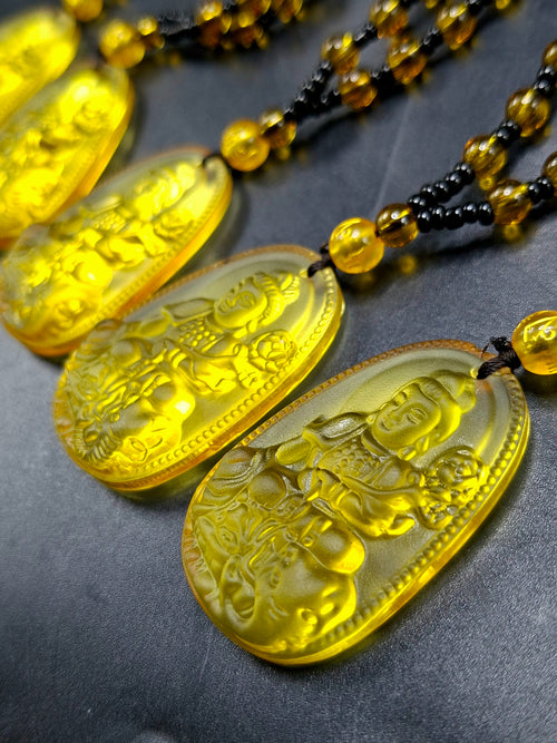Guan Yin Bodhisattva Pendant in Treated Citrine with Yellow and Black Beads Mala – 44g, 15-Inch Elegant Spiritual Necklace for Meditation, Manifestation, Wealth & Protection | ONE PIECE ONLY