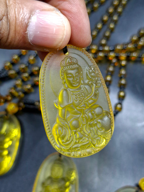 Guan Yin Bodhisattva Pendant in Treated Citrine with Yellow and Black Beads Mala – 44g, 15-Inch Elegant Spiritual Necklace for Meditation, Manifestation, Wealth & Protection | ONE PIECE ONLY