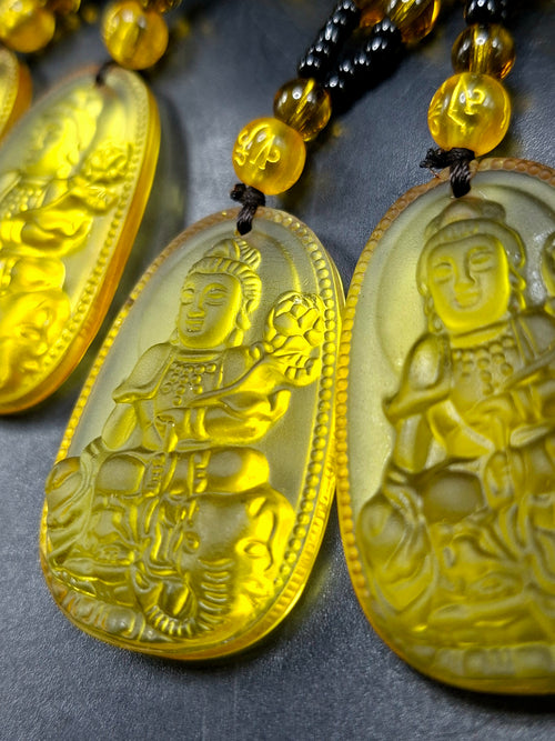 Guan Yin Bodhisattva Pendant in Treated Citrine with Yellow and Black Beads Mala – 44g, 15-Inch Elegant Spiritual Necklace for Meditation, Manifestation, Wealth & Protection | ONE PIECE ONLY