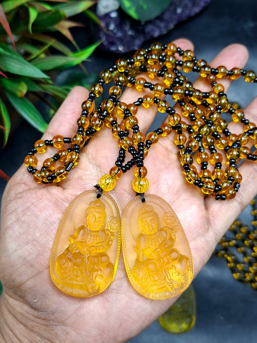 Guan Yin Bodhisattva Pendant in Treated Citrine with Yellow and Black Beads Mala – 44g, 15-Inch Elegant Spiritual Necklace for Meditation, Manifestation, Wealth & Protection | ONE PIECE ONLY