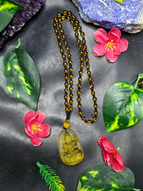 Guan Yin Bodhisattva Pendant in Treated Citrine with Yellow and Black Beads Mala – 44g, 15-Inch Elegant Spiritual Necklace for Meditation, Manifestation, Wealth & Protection | ONE PIECE ONLY
