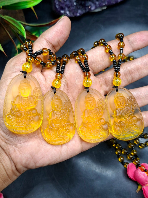 Guan Yin Bodhisattva Pendant in Treated Citrine with Yellow and Black Beads Mala – 44g, 15-Inch Elegant Spiritual Necklace for Meditation, Manifestation, Wealth & Protection | ONE PIECE ONLY