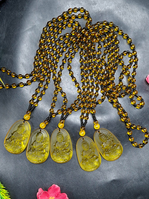 Guan Yin Bodhisattva Pendant in Treated Citrine with Yellow and Black Beads Mala – 44g, 15-Inch Elegant Spiritual Necklace for Meditation, Manifestation, Wealth & Protection | ONE PIECE ONLY