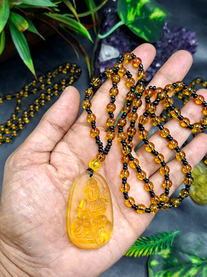 Guan Yin Bodhisattva Pendant in Treated Citrine with Yellow and Black Beads Mala – 44g, 15-Inch Elegant Spiritual Necklace for Meditation, Manifestation, Wealth & Protection | ONE PIECE ONLY