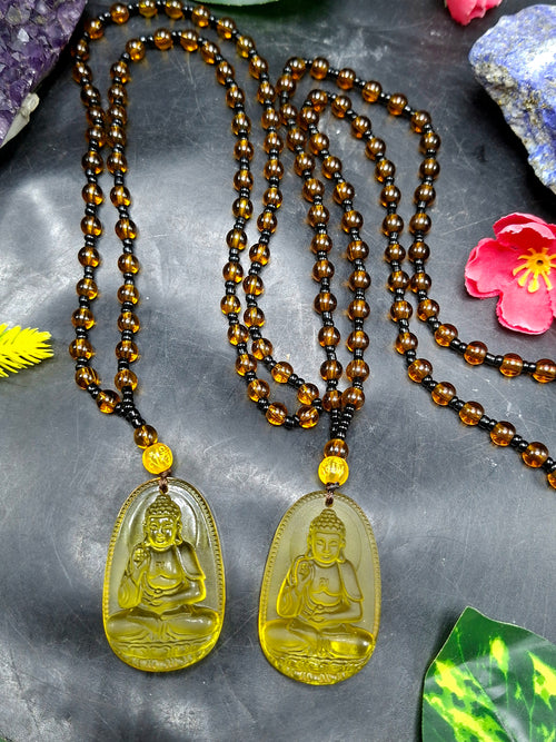 Lord Buddha Carved Pendant in Treated Citrine with Yellow and Black Beads – A Path to Wisdom, Wealth, and Inner Calm | Gemstone Mala | Birthday Gift