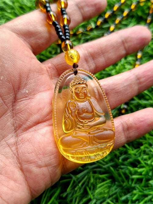 Lord Buddha Carved Pendant in Treated Citrine with Yellow and Black Beads – A Path to Wisdom, Wealth, and Inner Calm | Gemstone Mala | Birthday Gift