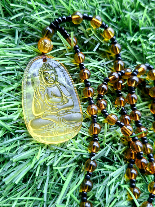 Lord Buddha Carved Pendant in Treated Citrine with Yellow and Black Beads – A Path to Wisdom, Wealth, and Inner Calm | Gemstone Mala | Birthday Gift