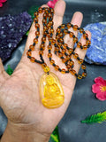 Lord Buddha Carved Pendant in Treated Citrine with Yellow and Black Beads – A Path to Wisdom, Wealth, and Inner Calm | Gemstone Mala | Birthday Gift