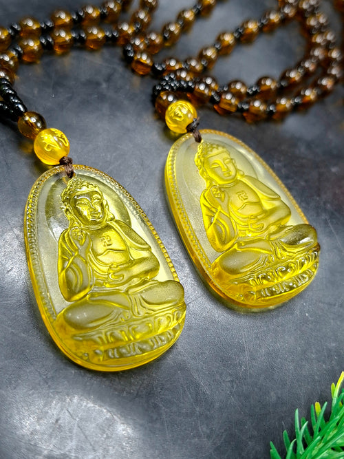 Lord Buddha Carved Pendant in Treated Citrine with Yellow and Black Beads – A Path to Wisdom, Wealth, and Inner Calm | Gemstone Mala | Birthday Gift