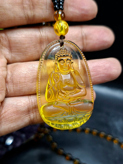 Lord Buddha Carved Pendant in Treated Citrine with Yellow and Black Beads – A Path to Wisdom, Wealth, and Inner Calm | Gemstone Mala | Birthday Gift